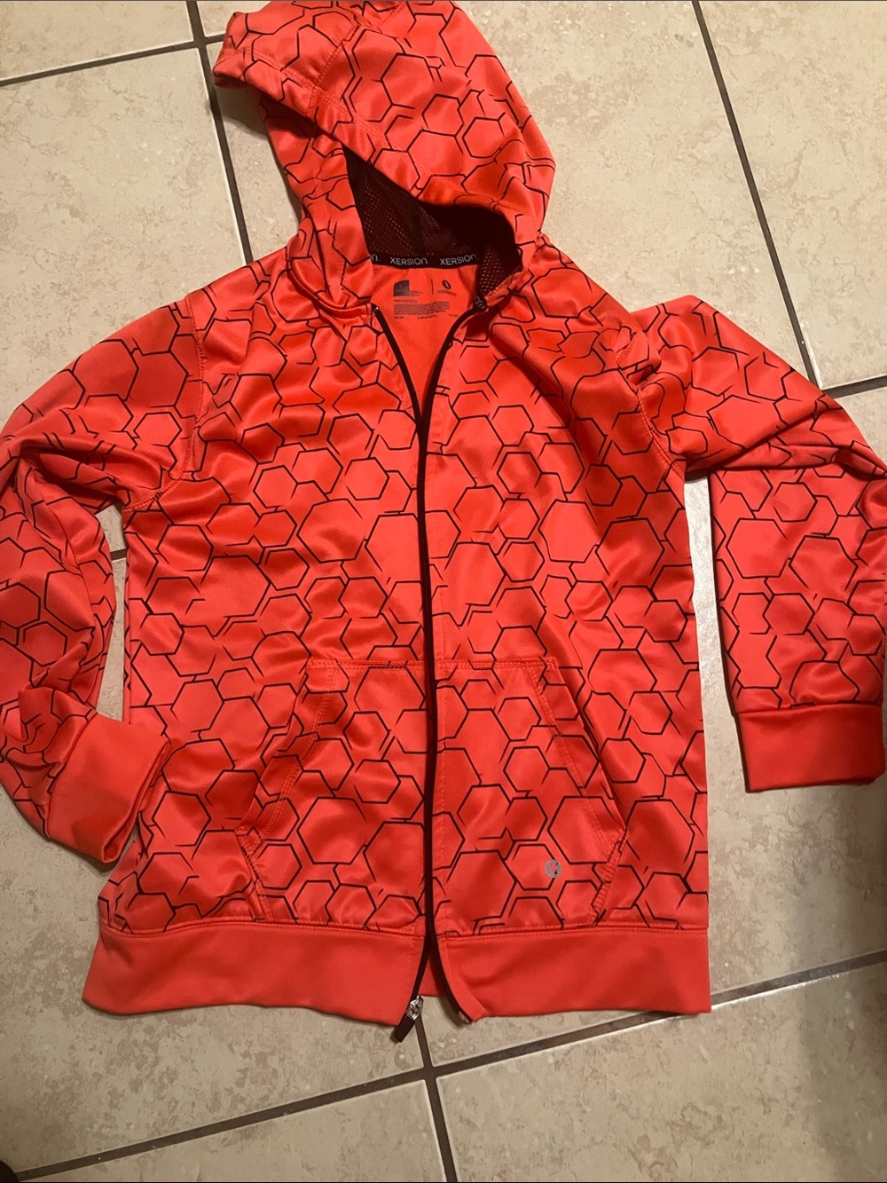 Xersion Orange Hex-Pattern Hooded Zip Jacket